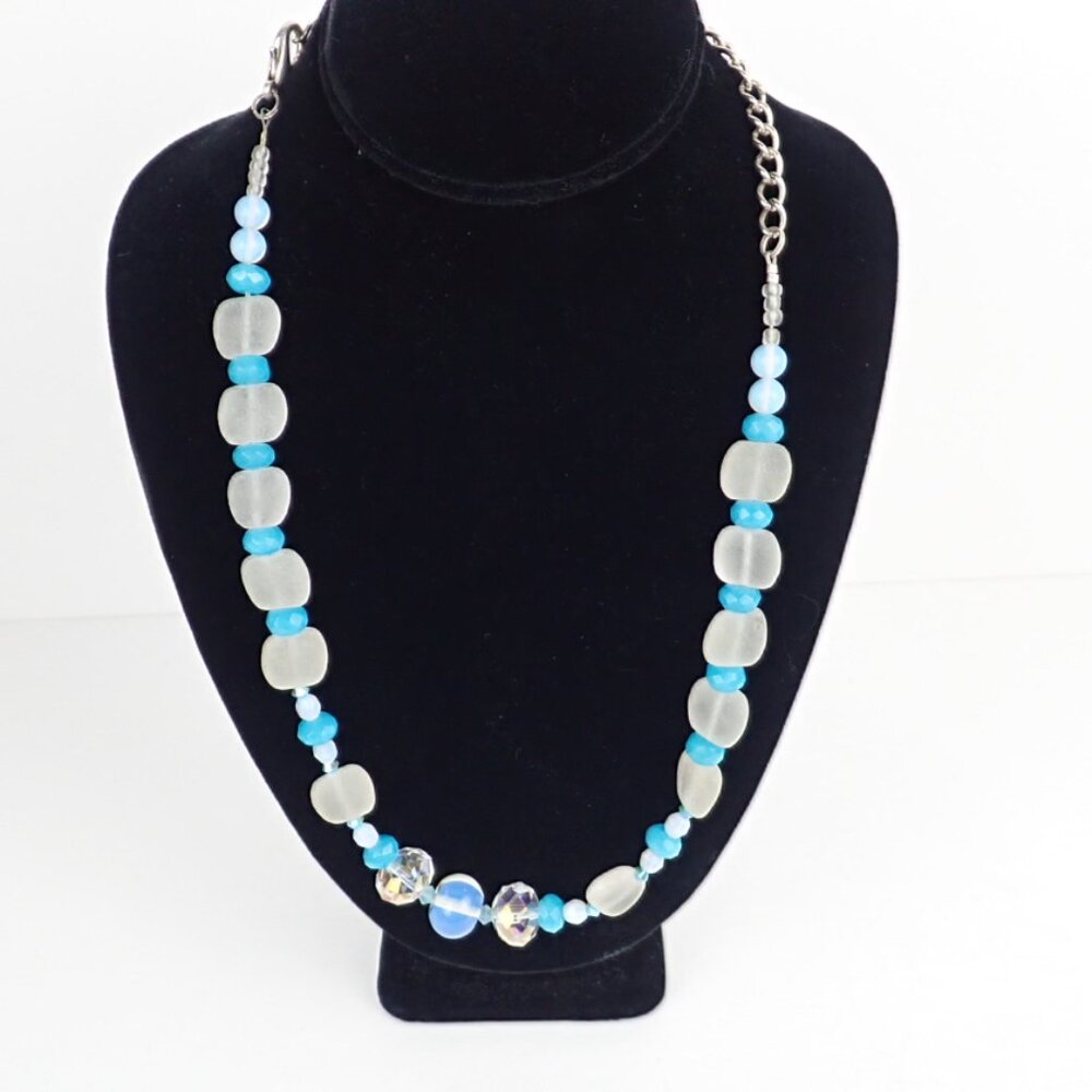Artisan Sea Glass Style Boho Beachy Beaded Necklace Blue White Clear